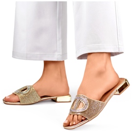 Pantuflas de mujer elegantes con tacón bajo y lentejuelas doradas. dorado 3
