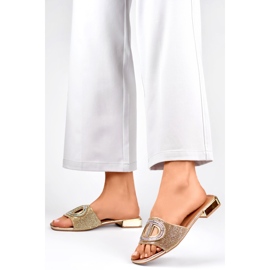 Pantuflas de mujer elegantes con tacón bajo y lentejuelas doradas. dorado 4