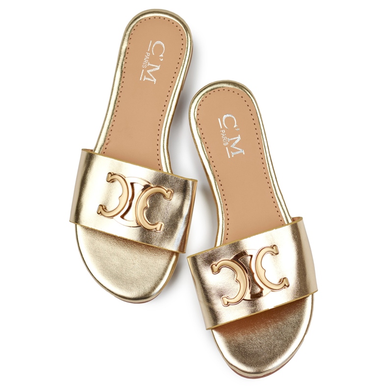 Doradas, elegantes chanclas de mujer con decoración. dorado 1