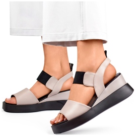 Sandalias de mujer de piel con cuña y elástico beige 3