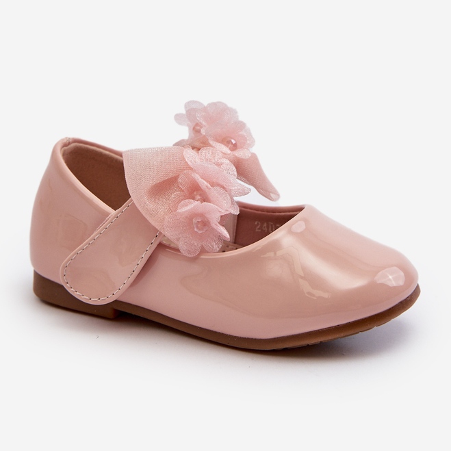 Bailarinas infantiles de charol con velcro y lazo rosa Olessa rosado 1