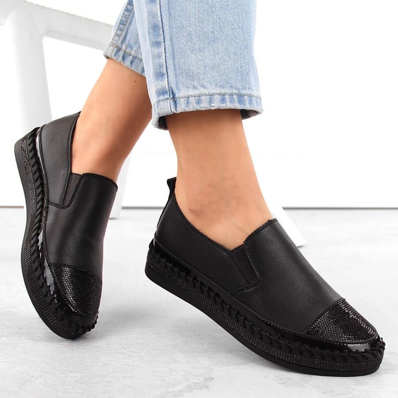S.Barski Zapatos slip-on mujer de piel con circonitas, negro D&A LR370 1 S.Barski Zapatos slip-on mujer de piel con circonitas, negro D&A LR370 1