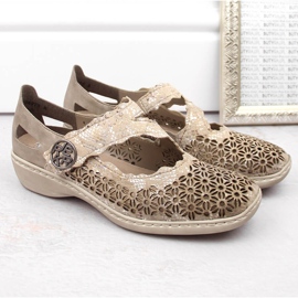 Zapatos mujer cómodos piel calada con velcro metalizado Rieker 413G4-90 beige 14