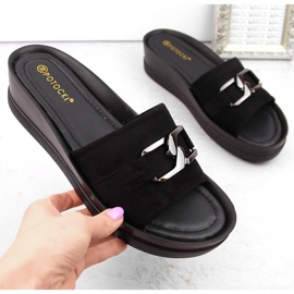 Zapatillas de casa con cuña para mujer en ante, negro Potocki 21326 4