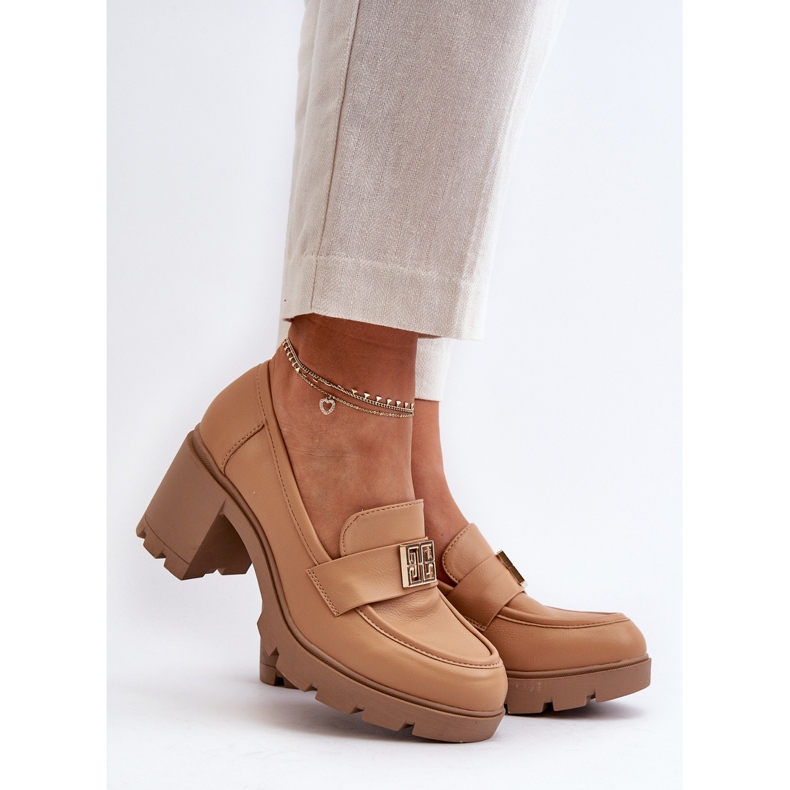 Zapatos De Mujer Tacón Grueso Con Adorno Ranunca Camel marrón 2