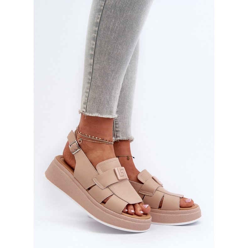 Sandalias mujer de piel con plataforma y cuña beige oscuro Vivitellia 2