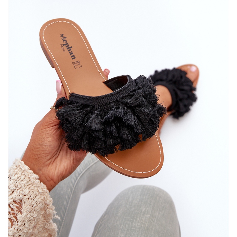 Chanclas Planas De Mujer Con Flecos, Negro Rialle 1 Chanclas Planas De Mujer Con Flecos, Negro Rialle 1