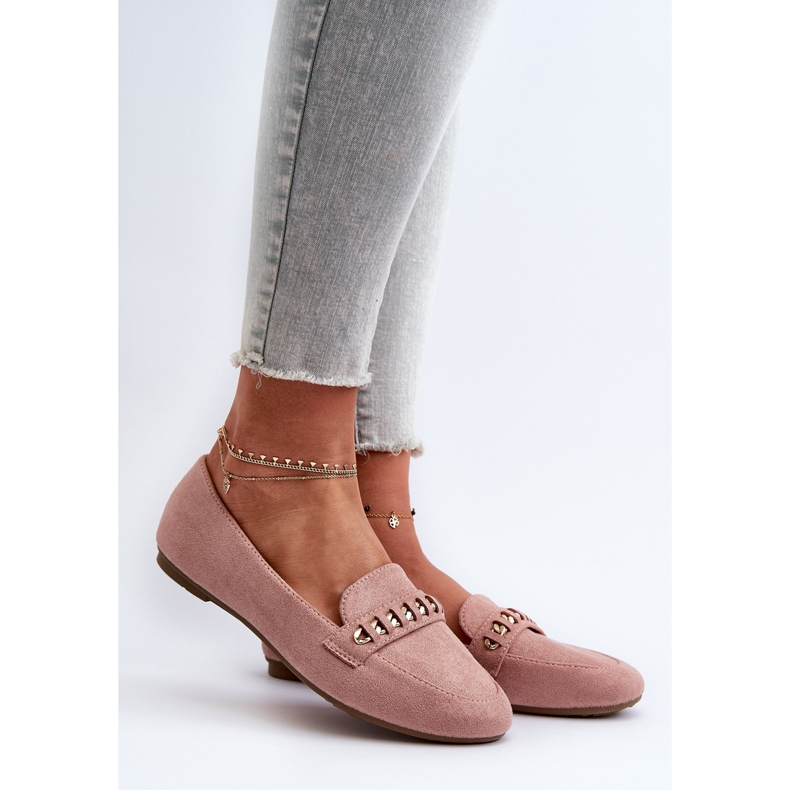 Mocasines Mujer Brillantes Con Cadena Aredilla Rosa 2