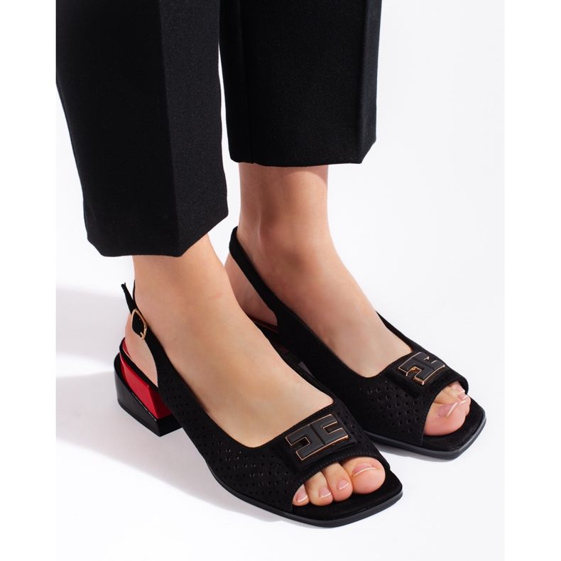 Goodin Sandalias mujer tacón bajo calado negro 1