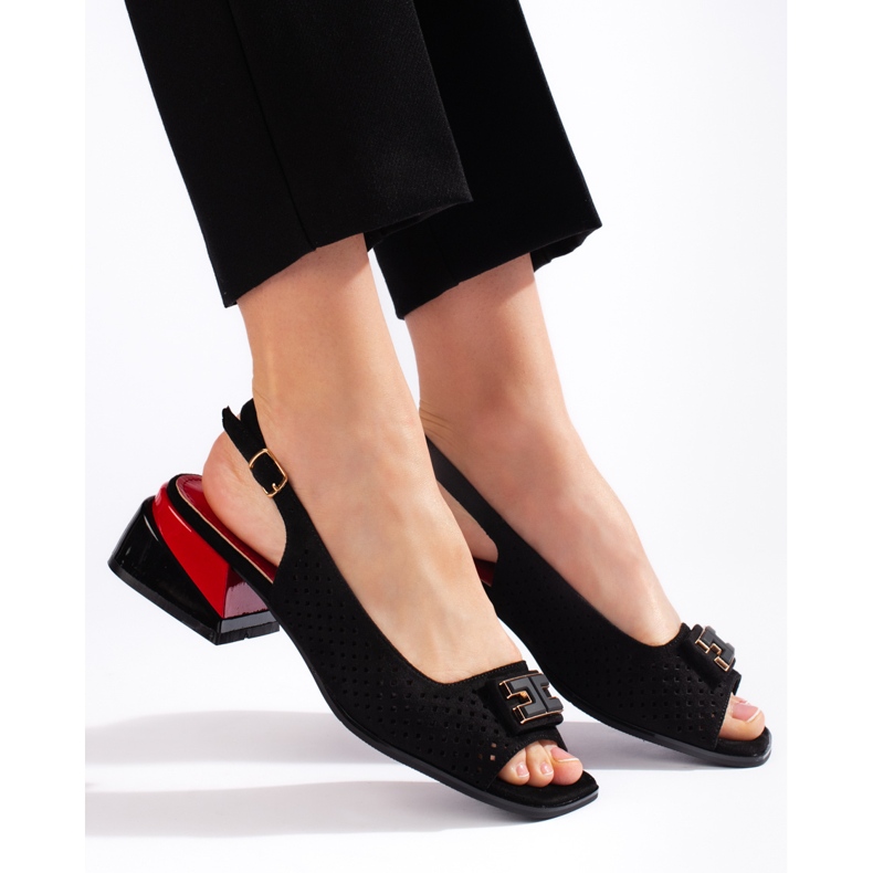 Goodin Sandalias mujer tacón bajo calado negro 2