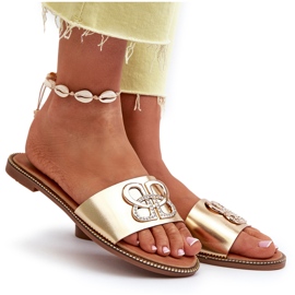 Chanclas De Mujer Con Adorno De Piel Ecológica En Tacón Plano, Sadria Dorada dorado 6