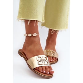 Chanclas De Mujer Con Adorno De Piel Ecológica En Tacón Plano, Sadria Dorada dorado 4