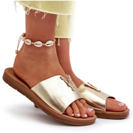 Chanclas De Mujer Con Suela Plana Y Adorno En Piel Ecológica, Dorado Makia 7