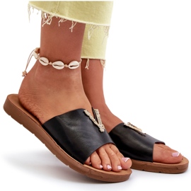 Chanclas de Mujer con Suela Plana y Adorno, Piel ecológica, Negro Makia 6