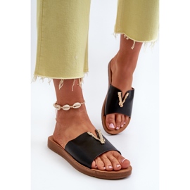 Chanclas de Mujer con Suela Plana y Adorno, Piel ecológica, Negro Makia 4