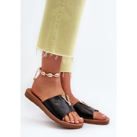 Chanclas de Mujer con Suela Plana y Adorno, Piel ecológica, Negro Makia 2