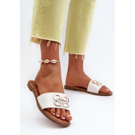 Chanclas de mujer con decoración de piel ecológica en tacones planos, Sadria blanca blanco 3
