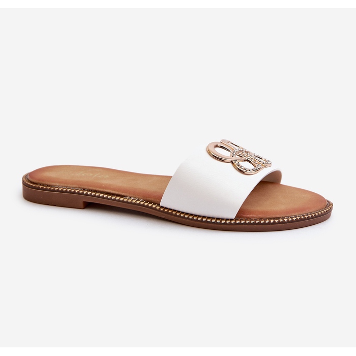 Chanclas de mujer con decoración de piel ecológica en tacones planos, Sadria blanca blanco 1