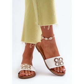 Chanclas de mujer con decoración de piel ecológica en tacones planos, Sadria blanca blanco 6