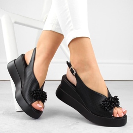 Sandalias cuña de mujer de piel negra con abalorios Filippo DS6076 negro 1 Sandalias cuña de mujer de piel negra con abalorios Filippo DS6076 negro 1