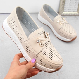 Zapatos mujer piel, mocasines slip-on calados, beige Artiker 54C1753 4