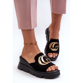 Vinceza Chanclas de Mujer Confeccionadas en Ante Ecológico con Cuña y Plataforma con Adorno Dorado, Iaria Negra negro 4