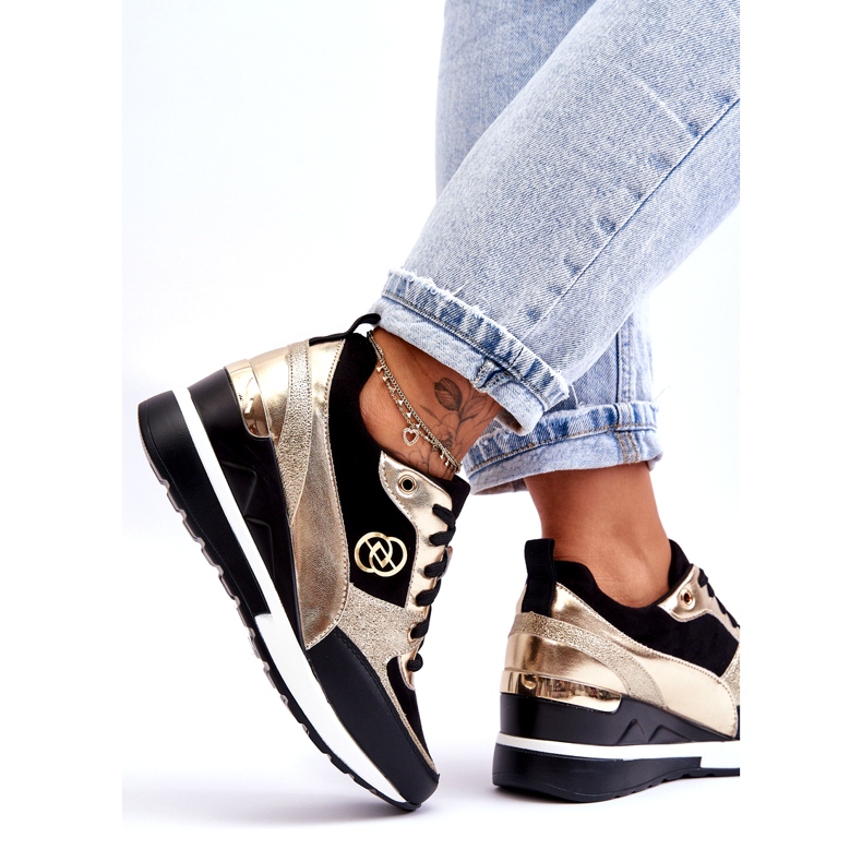 Evento Zapatillas De Mujer Con Cuña Y Cordones Negro Y Dorado Genova 3