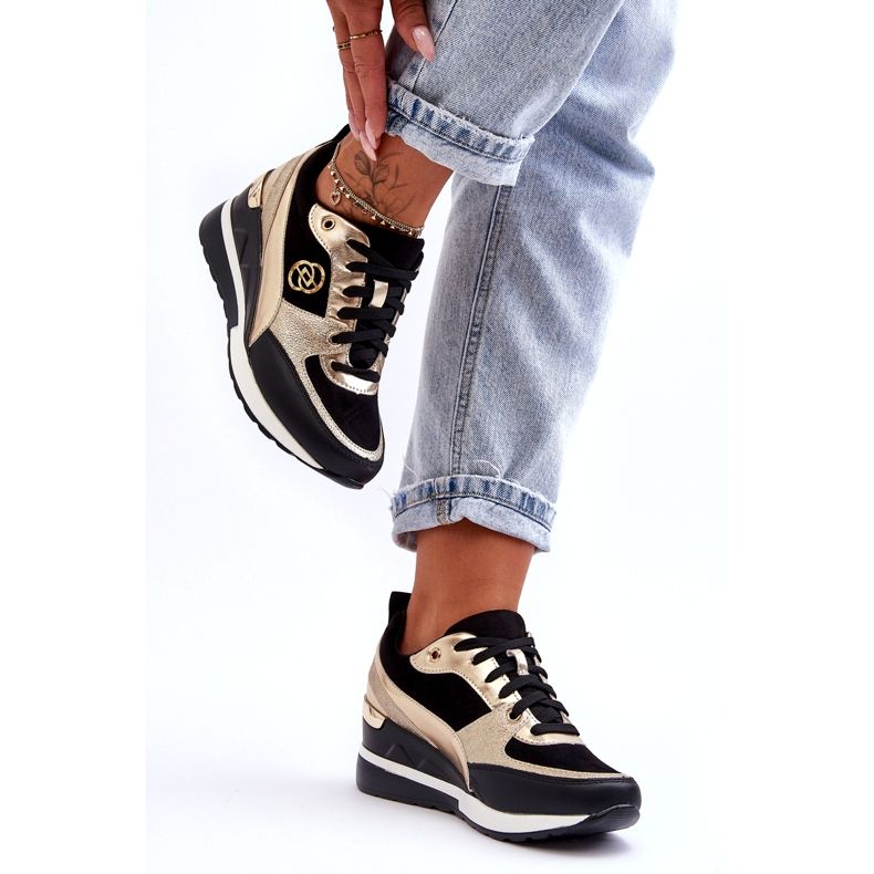 Evento Zapatillas De Mujer Con Cuña Y Cordones Negro Y Dorado Genova 1