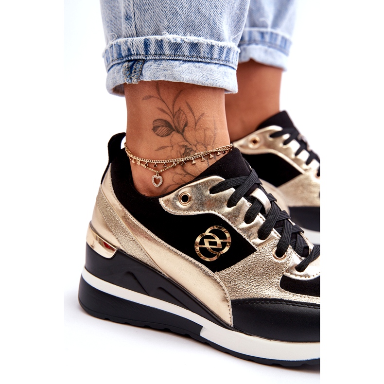 Evento Zapatillas De Mujer Con Cuña Y Cordones Negro Y Dorado Genova 2