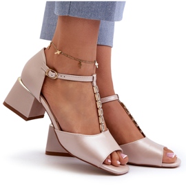 Vinceza Sandalias de Mujer con Tacón Cuadrado y Tira Decorativa, Piel Ecológica, Obivena Dorada beige 7