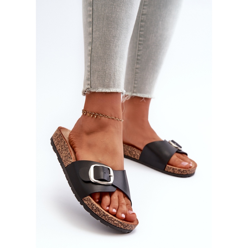 Chanclas de Mujer con Plataforma de Corcho y Hebilla, Moaxi Negro 2