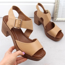 M. DASZYŃSKI Sandalias de mujer con tacón y plataforma kamel M.Daszyński MR23117-1 beige 4