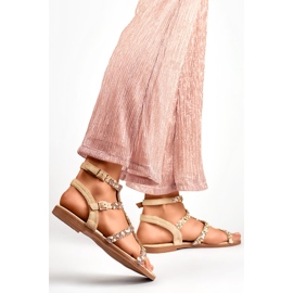 Sandalias gladiadoras de mujer beige con piedras decorativas 2