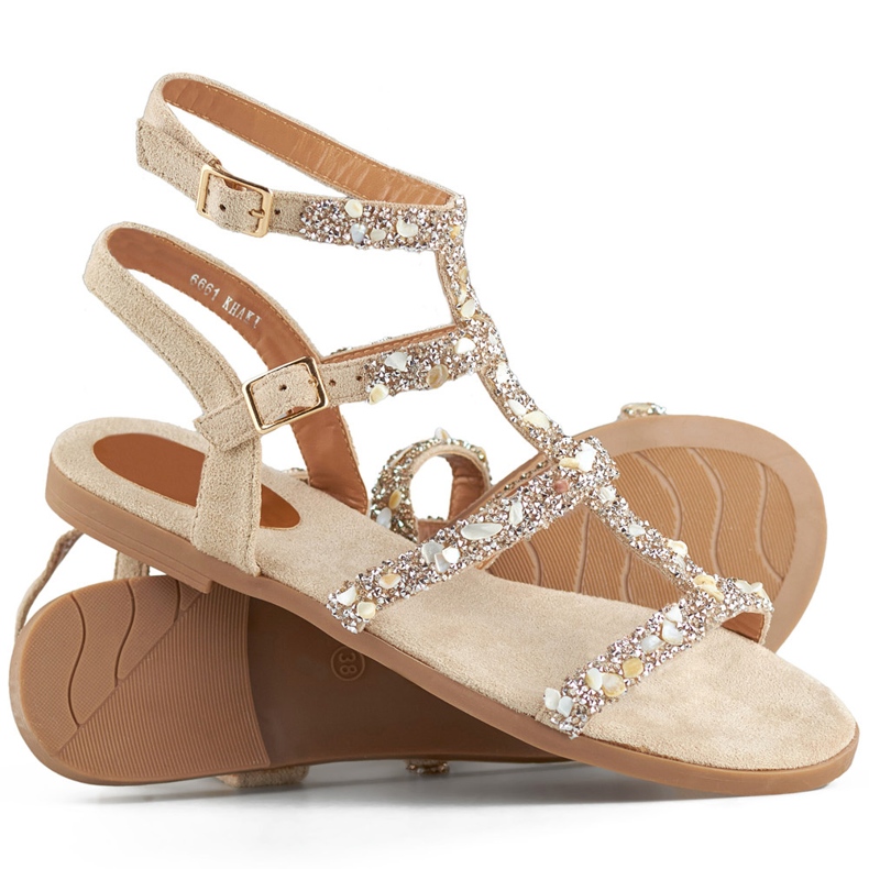 Sandalias gladiadoras de mujer beige con piedras decorativas 1