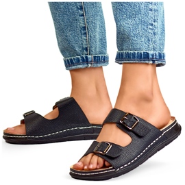 Cómodas chanclas de mujer negras con dos hebillas y plantilla de piel. negro 4