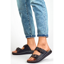 Cómodas chanclas de mujer negras con dos hebillas y plantilla de piel. negro 3