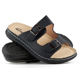 Cómodas chanclas de mujer negras con dos hebillas y plantilla de piel. negro 1