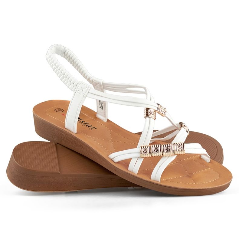 Sandalias de mujer con banda elástica con decoración dorada. blanco 1