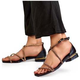 Sandalias de mujer elegantes de tacón bajo con circonitas. negro 3