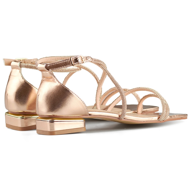 Sandalias de mujer elegantes de tacón bajo con circonitas. rosado 1