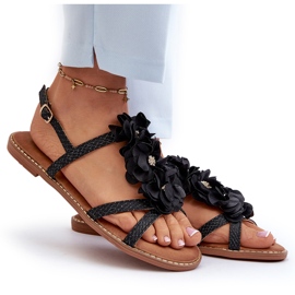 Sandalias Planas de Mujer Decoradas con Flores, Negro Abidina 7