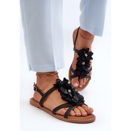 Sandalias Planas de Mujer Decoradas con Flores, Negro Abidina 3