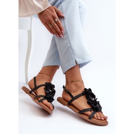 Sandalias Planas de Mujer Decoradas con Flores, Negro Abidina 6