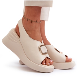 Sandalias Mujer Piel Cuña Con Adorno Beige Salvania 5