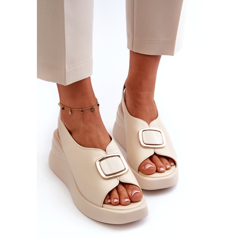 Sandalias Mujer Piel Cuña Con Adorno Beige Salvania 2