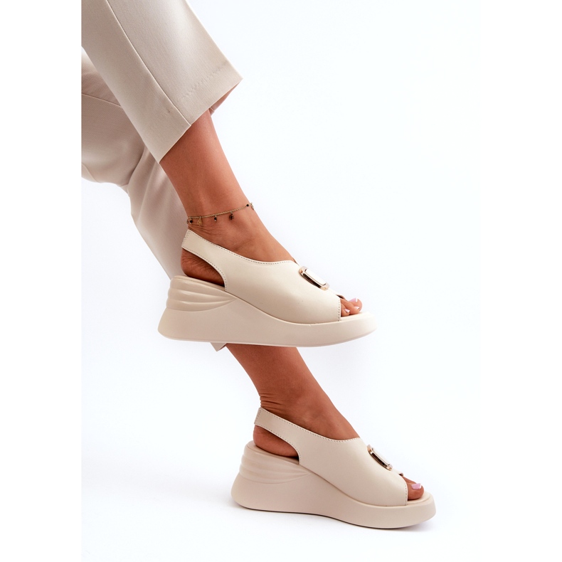 Sandalias Mujer Piel Cuña Con Adorno Beige Salvania 4