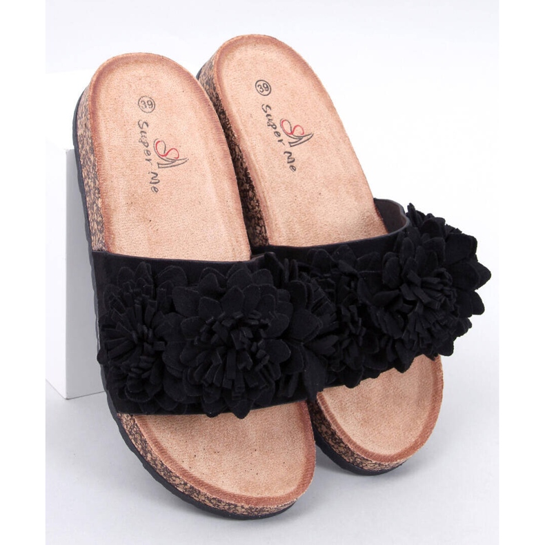 Sebill Chanclas de corcho negro con flores 1