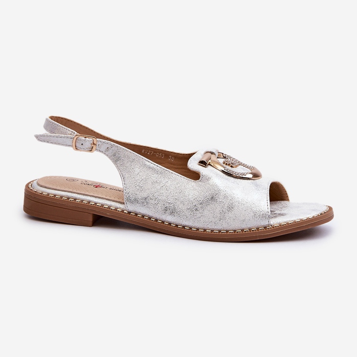 Sandalias de mujer elegantes con decoración dorada en tacones planos, plateado S.Barski KV27-053 plata 1