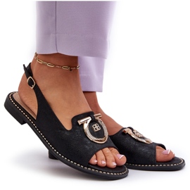 Sandalias de mujer elegantes con decoración dorada en tacones planos, negro S.Barski KV27-053 8