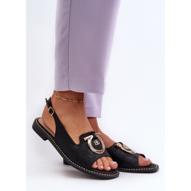 Sandalias de mujer elegantes con decoración dorada en tacones planos, negro S.Barski KV27-053 2